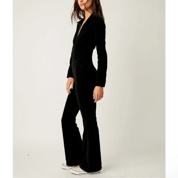 FREE PEOPLE We the Free Jayde Cord Flare Jumpsuit / Black - Picture 2 of 8